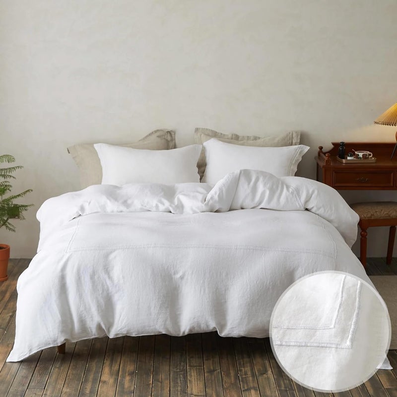 Simple&Opulence 100% Washed Linen Duvet Cover Set 104"x92" - 3 Pieces Soft Farmhouse Comforter Cover Set Double Embroidered with Button Closure - 1 Duvet Cover and 2 Pillowcases (White, King) - Image 1