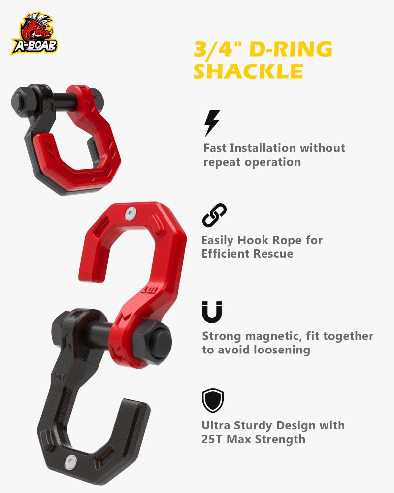 A-BOAR 3/4" D-Ring Shackles, Heavy Duty Forged Steel Shackles with 7/8" Pin, Easy Open D-Ring Shackles Towing Winch Hooks for Recovery, Trucks, SUV, ATV, UTV, Off-Road Vehicles, Black Red - Image 2