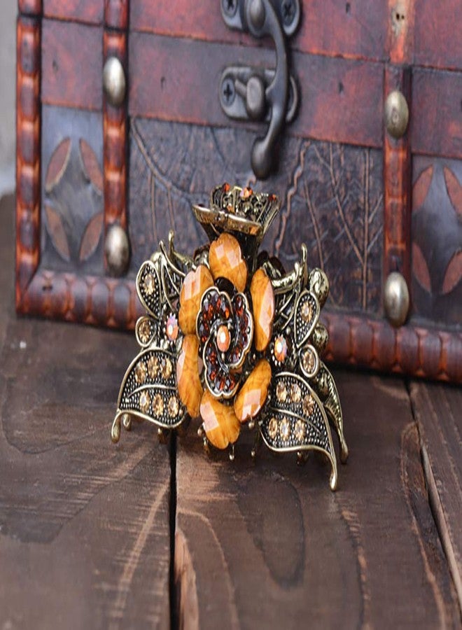 Fodattm Women Lady Retro Rose Flower Imitation Turquoise Hair Claw Clip Vintage Alloy Rhinestone Non-Slip Hair Jaw Clips Hairpin Hair Clamp (Brown) - Image 3