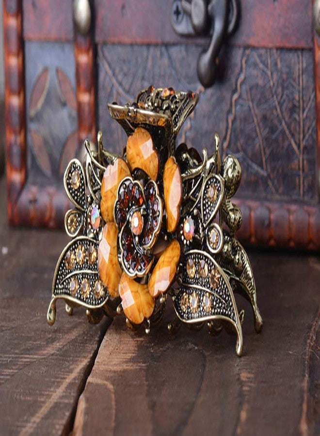 Fodattm Women Lady Retro Rose Flower Imitation Turquoise Hair Claw Clip Vintage Alloy Rhinestone Non-Slip Hair Jaw Clips Hairpin Hair Clamp (Brown) - Image 2