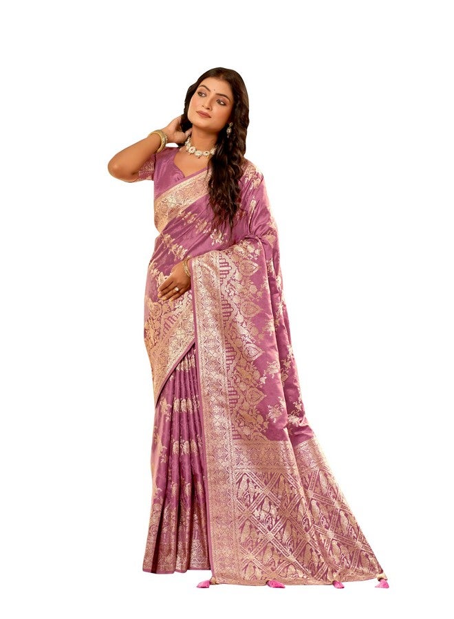 MANOHARI Women's Most Trendy Banarasi Satin Silk Woven Rose Pink Saree With Heavy Jacquard Work Saree With Blouse Piece_MN2026 - Image 1