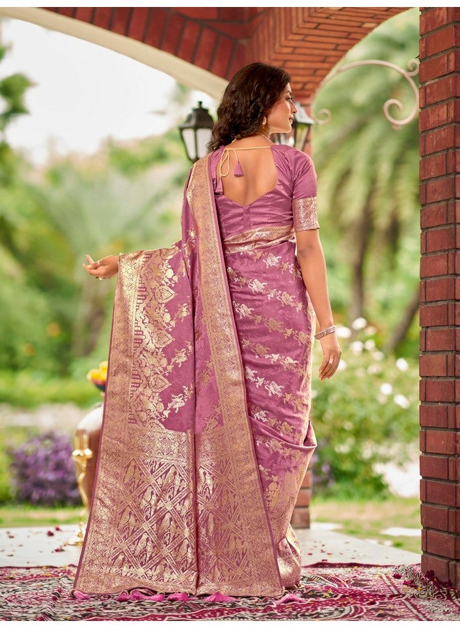 MANOHARI Women's Most Trendy Banarasi Satin Silk Woven Rose Pink Saree With Heavy Jacquard Work Saree With Blouse Piece_MN2026 - Image 3