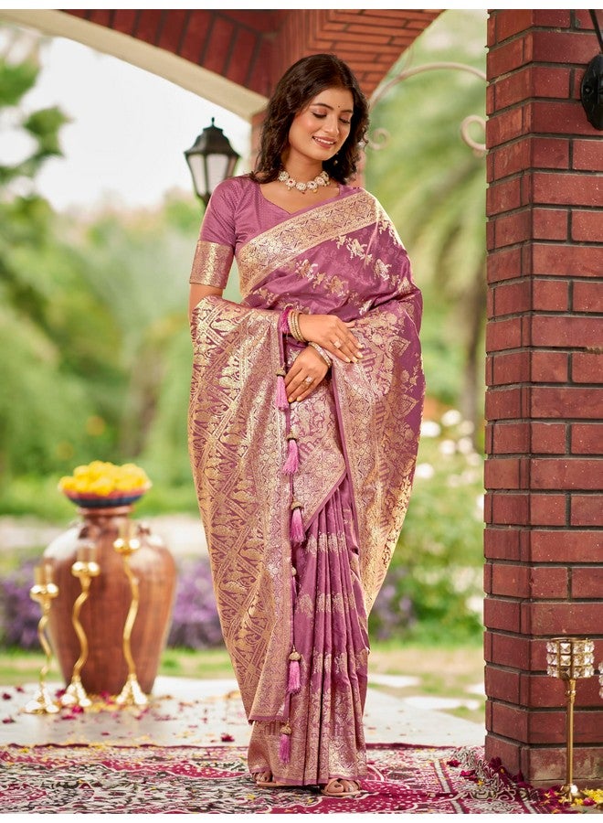 MANOHARI Women's Most Trendy Banarasi Satin Silk Woven Rose Pink Saree With Heavy Jacquard Work Saree With Blouse Piece_MN2026 - Image 4