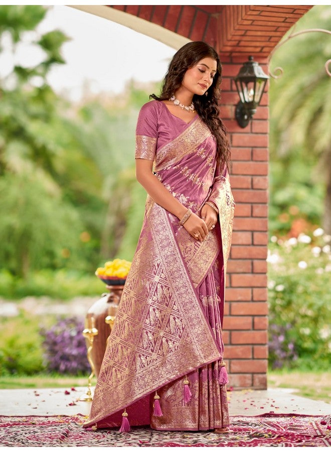 MANOHARI Women's Most Trendy Banarasi Satin Silk Woven Rose Pink Saree With Heavy Jacquard Work Saree With Blouse Piece_MN2026 - Image 5