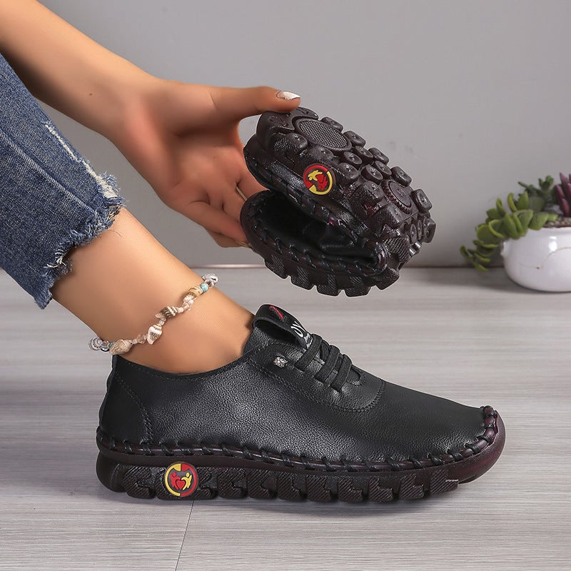 Real Soft Leather Shoes Plus Size Casual Lace-Up Vintage Car Stitch Thick Bottom Platform Shoes For Mother - Image 3