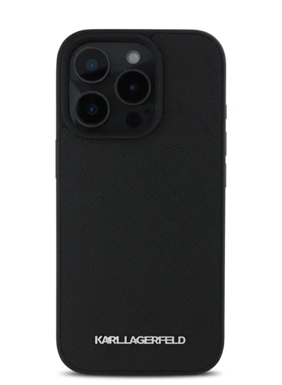Karl Lagerfeld iPhone 16 Pro Max Case Saffiano Leather Hard Cover with Elongated Metal Logo for / Drop Protection/ Slim Profile - Black