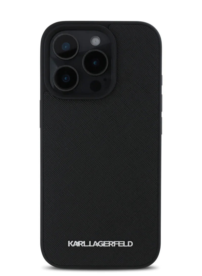 كارل لاغرفيلد جراب iPhone 16 Pro Max من الجلد الصلب مع شعار معدني ممدود للحماية من السقوط / تصميم نحيف - أسود