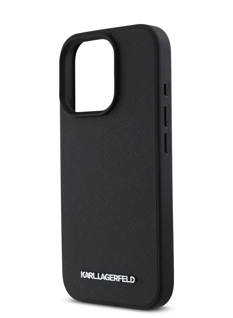 كارل لاغرفيلد جراب iPhone 16 Pro Max من الجلد الصلب مع شعار معدني ممدود للحماية من السقوط / تصميم نحيف - أسود