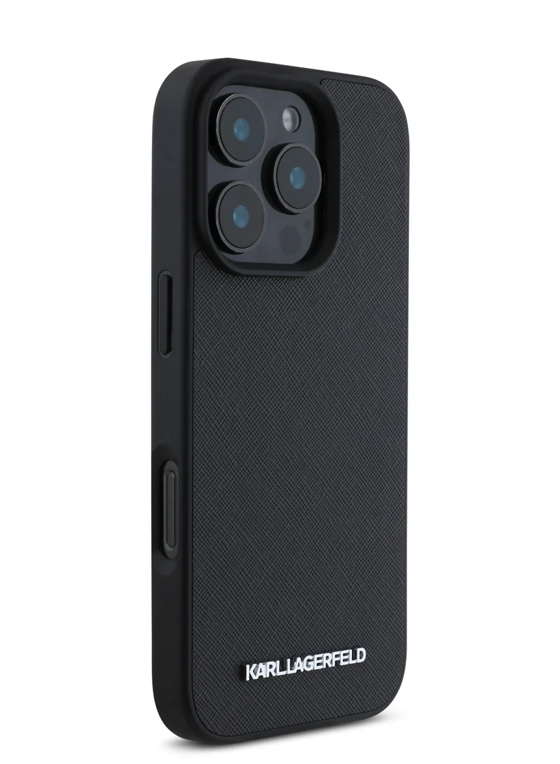 كارل لاغرفيلد جراب iPhone 16 Pro Max من الجلد الصلب مع شعار معدني ممدود للحماية من السقوط / تصميم نحيف - أسود