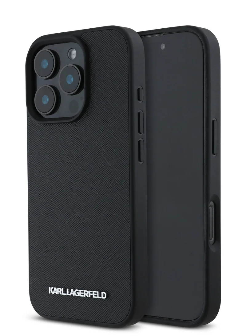 كارل لاغرفيلد جراب iPhone 16 Pro Max من الجلد الصلب مع شعار معدني ممدود للحماية من السقوط / تصميم نحيف - أسود