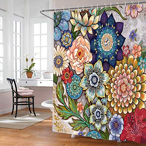 Neasow Boho Floral Shower Curtains for Bathroom, Bright Fabric Blossom Shower Curtain with 12 Hooks, Multi Color 72"×72" - Image 3