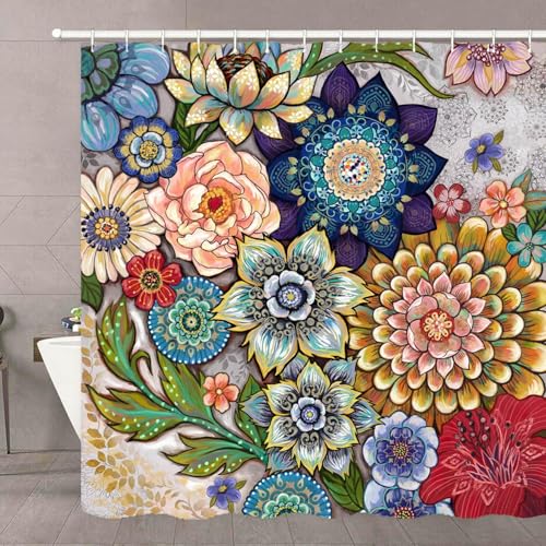 Neasow Boho Floral Shower Curtains for Bathroom, Bright Fabric Blossom Shower Curtain with 12 Hooks, Multi Color 72"×72" - Image 1