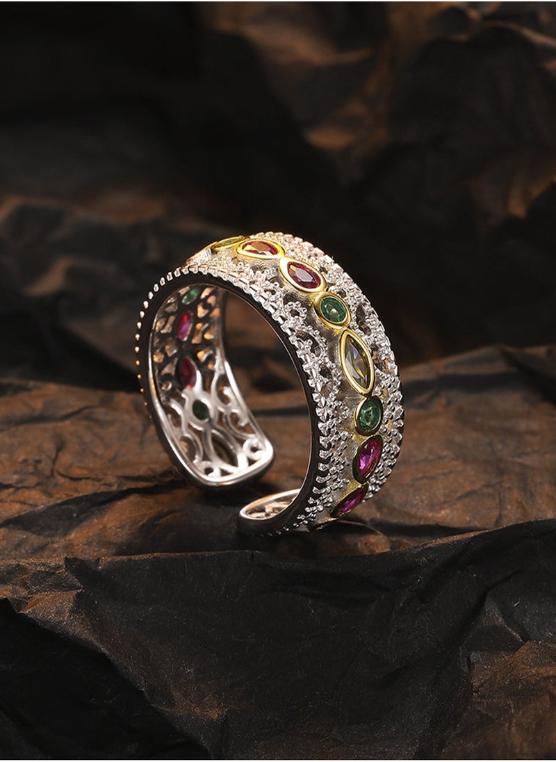 LOOPITYS - S925 pure silver retro palace style lace zirconia open ring, with a niche design and high-end feel, this ring can be given as a gift to friends. The perfect gift for birthdays, New Year's Day, Valentine's Day, Mother's Day, and Thanksgiving. - Image 1