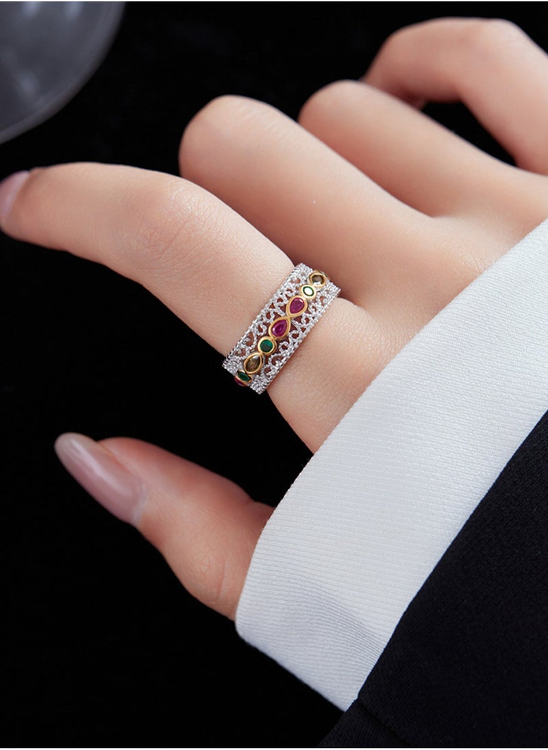 LOOPITYS - S925 pure silver retro palace style lace zirconia open ring, with a niche design and high-end feel, this ring can be given as a gift to friends. The perfect gift for birthdays, New Year's Day, Valentine's Day, Mother's Day, and Thanksgiving. - Image 1