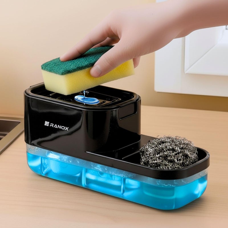 3-in-1 Soap Dispenser with Pump & Sponge Holder – Dish Soap Dispenser for Kitchen Sink, Countertop Organizer for Kitchen & Bathroom (Dual Dishwash (Black))