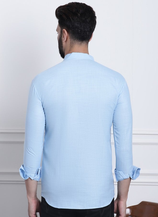 Sojanya قميص كورتا مستقيم أزرق للرجال - Image 3