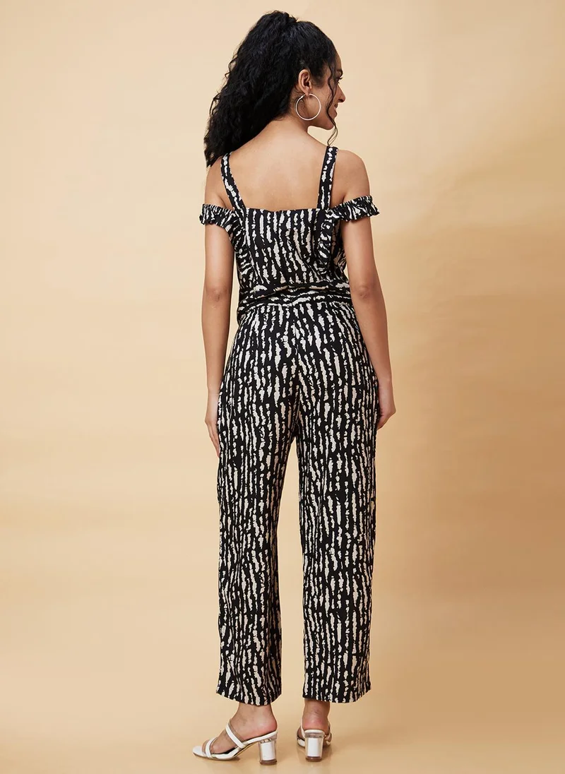 Globus Black Globus Women Abstract Printed Cold Shoulder With Ruffles Basic Jumpsuit for Women | Best Price UAE