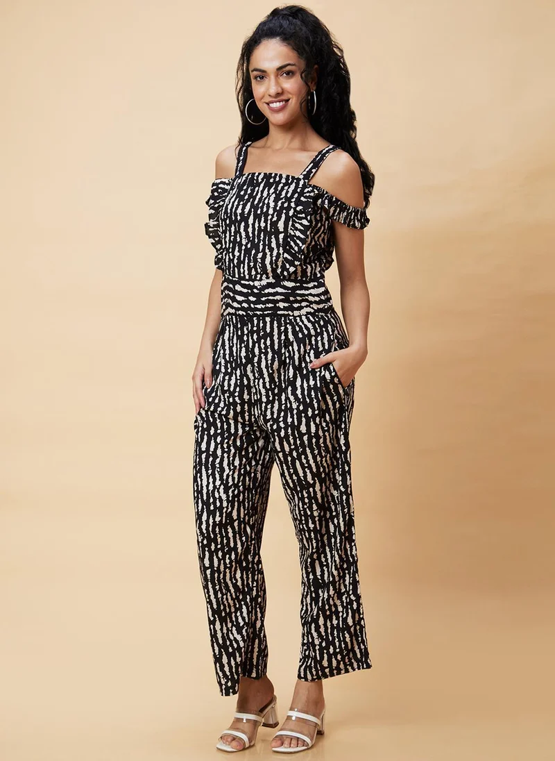 Globus Black Globus Women Abstract Printed Cold Shoulder With Ruffles Basic Jumpsuit for Women | Best Price UAE