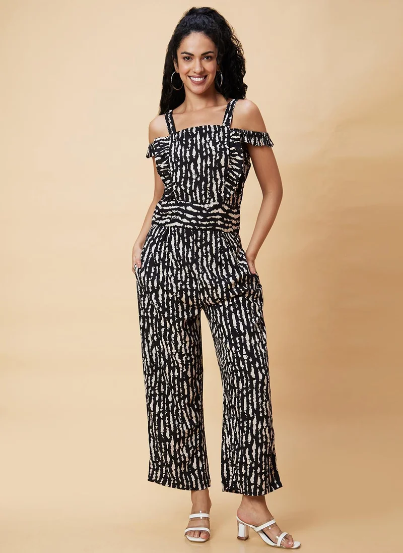Globus Black Globus Women Abstract Printed Cold Shoulder With Ruffles Basic Jumpsuit for Women | Best Price UAE