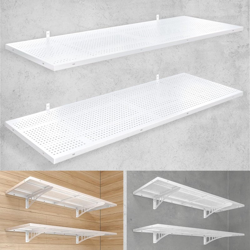 YIFRO 2-Pack 1.5x4ft Heavy Duty Garage Wall Shelving, 500 lbs Load Capacity, Garage Shelving Wall Mounted, Storage Rack with Hooks, White - Image 1