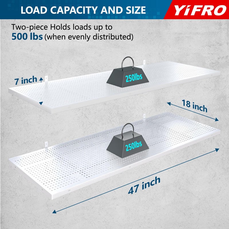YIFRO 2-Pack 1.5x4ft Heavy Duty Garage Wall Shelving, 500 lbs Load Capacity, Garage Shelving Wall Mounted, Storage Rack with Hooks, White - Image 2