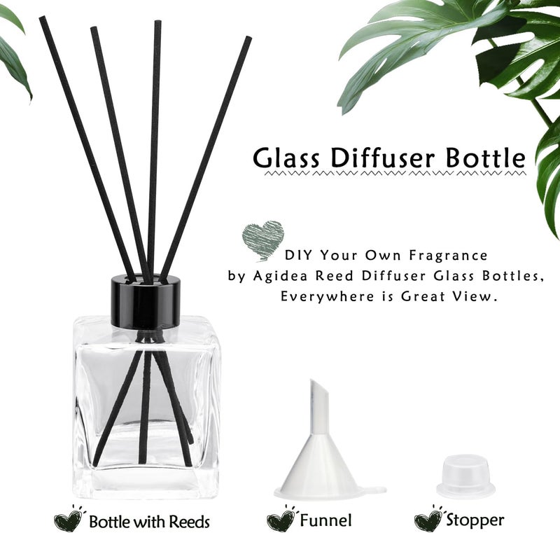 Agidea 4PCS Glass Diffuser Bottles, Refillable Diffuser Bottles Square Shape with 20pcs Reeds Sticks & Black Caps & Funnel, 3.66" High 150ml 5.29 fl oz. Diffuser Jars for Home Oil Fragrance Decoration - Image 2