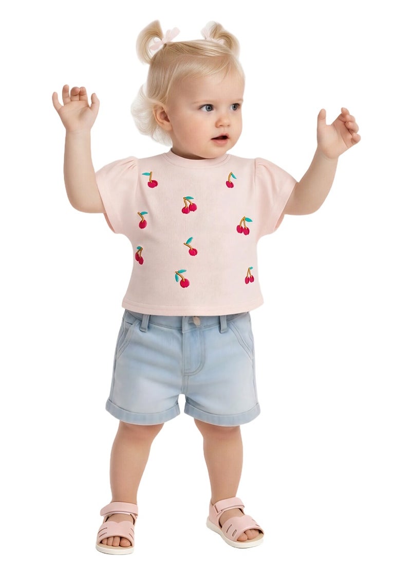 WiNi BEE Baby Girls Cherry Embroidery Short Sleeve T-Shirt - Soft Cotton Tee for Newborn & Infant 0-24 Months, White and Pink - Image 1