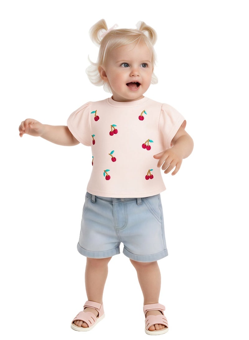 WiNi BEE Baby Girls Cherry Embroidery Short Sleeve T-Shirt - Soft Cotton Tee for Newborn & Infant 0-24 Months, White and Pink - Image 2