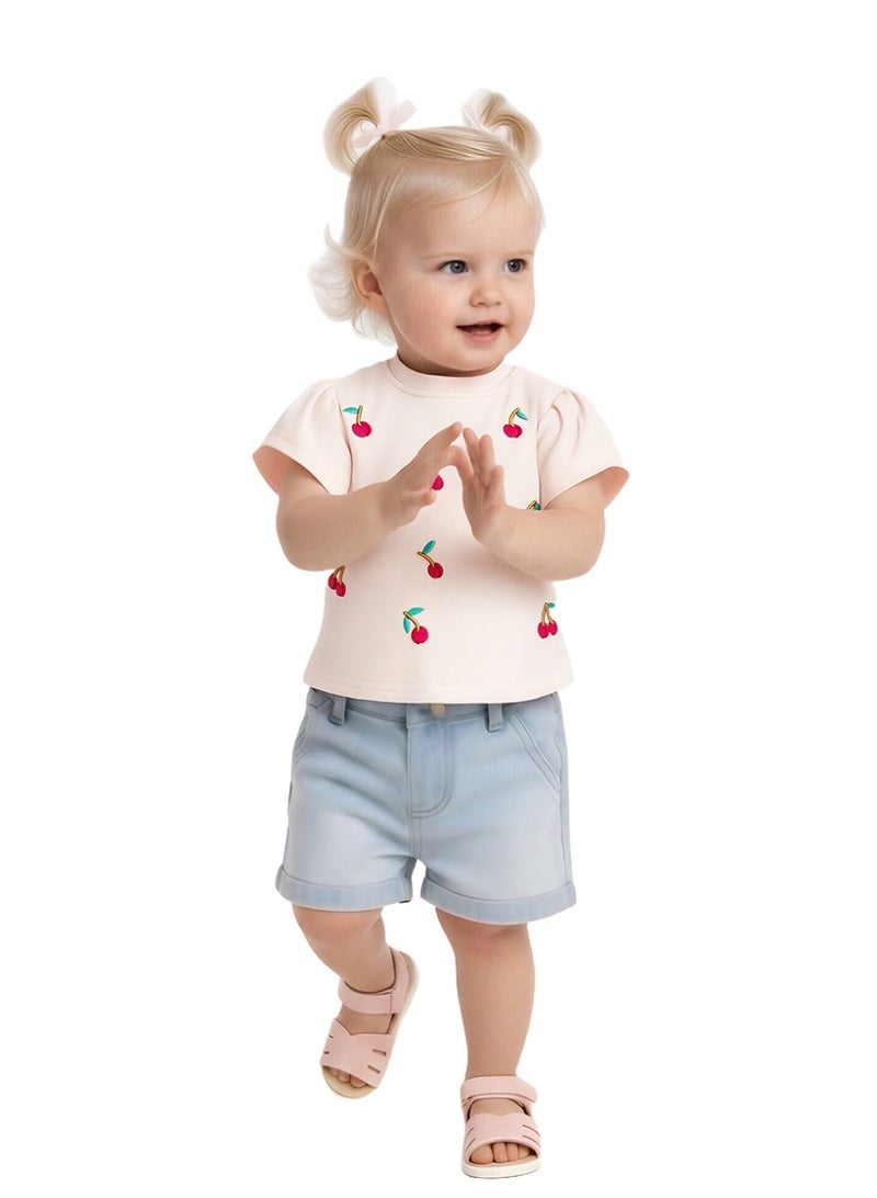 WiNi BEE Baby Girls Cherry Embroidery Short Sleeve T-Shirt - Soft Cotton Tee for Newborn & Infant 0-24 Months, White and Pink - Image 3