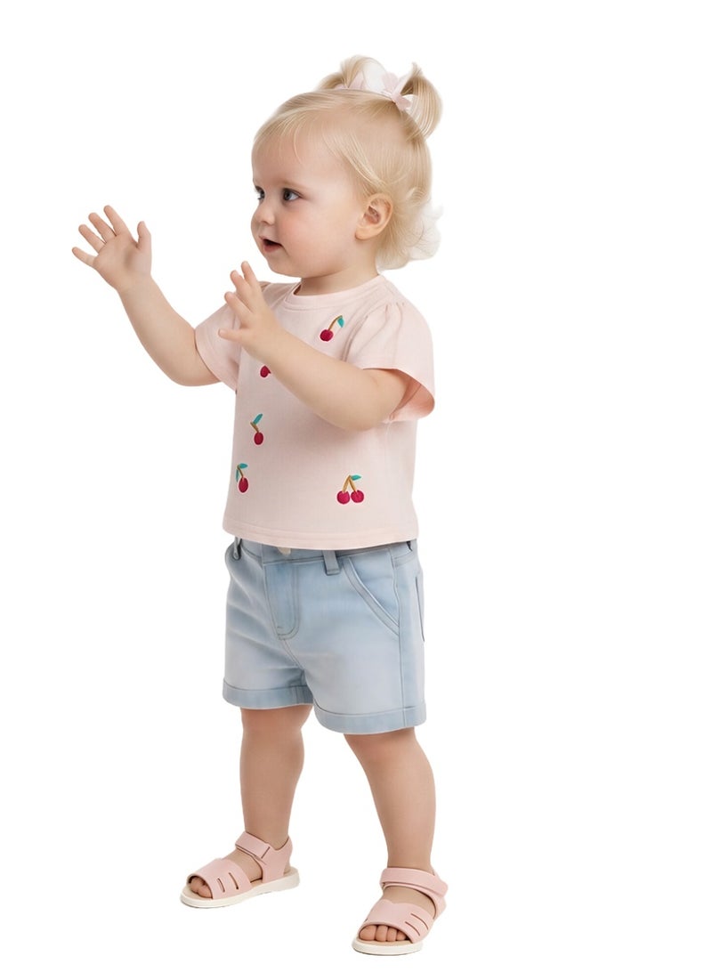 WiNi BEE Baby Girls Cherry Embroidery Short Sleeve T-Shirt - Soft Cotton Tee for Newborn & Infant 0-24 Months, White and Pink - Image 4
