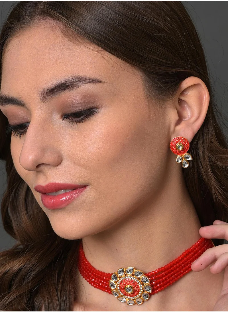 SOHI Set Of 2 Red Stone-Studded Jewellery Sets