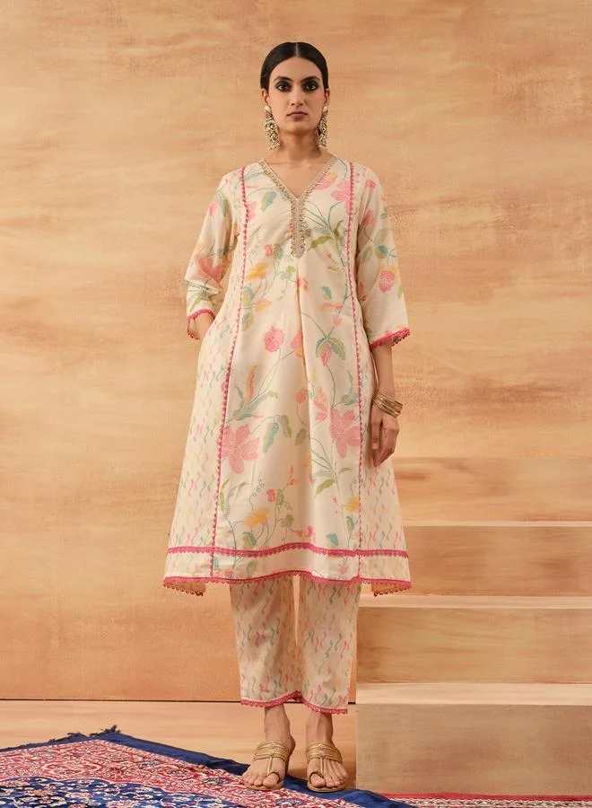 ISHIN Women's Off White Cotton Cambric Printed Tunic Top With Ankle Palazzo Flared 2 Peice Kurta Set