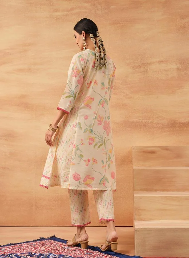 ISHIN Women's Off White Cotton Cambric Printed Tunic Top With Ankle Palazzo Flared 2 Peice Kurta Set