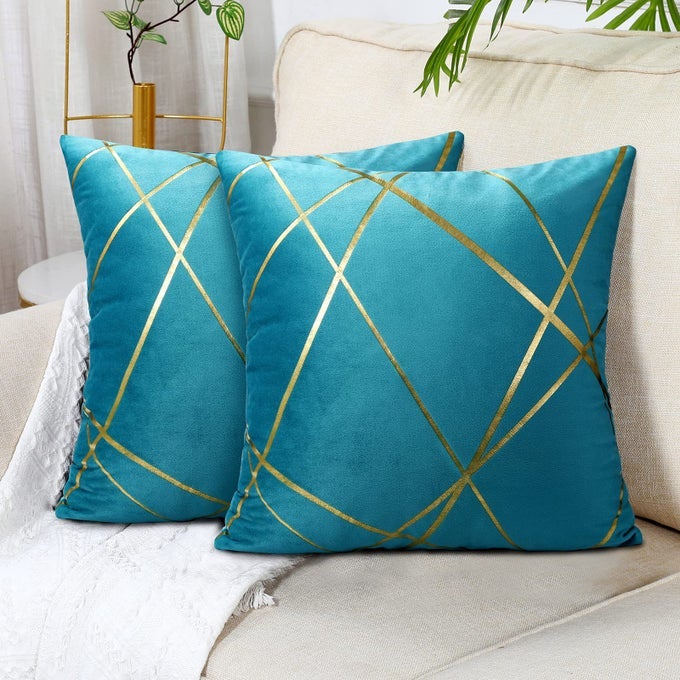 VELVET CUSHION COVER 45 X 45 CM PEACOCK BLUE GOLD LINES DECORATIVE PILLOW COVERS GEOMETRY CUSHION LIVING ROOM BEDROOM BENCH CAR CUSHION SOFA SET OF 2