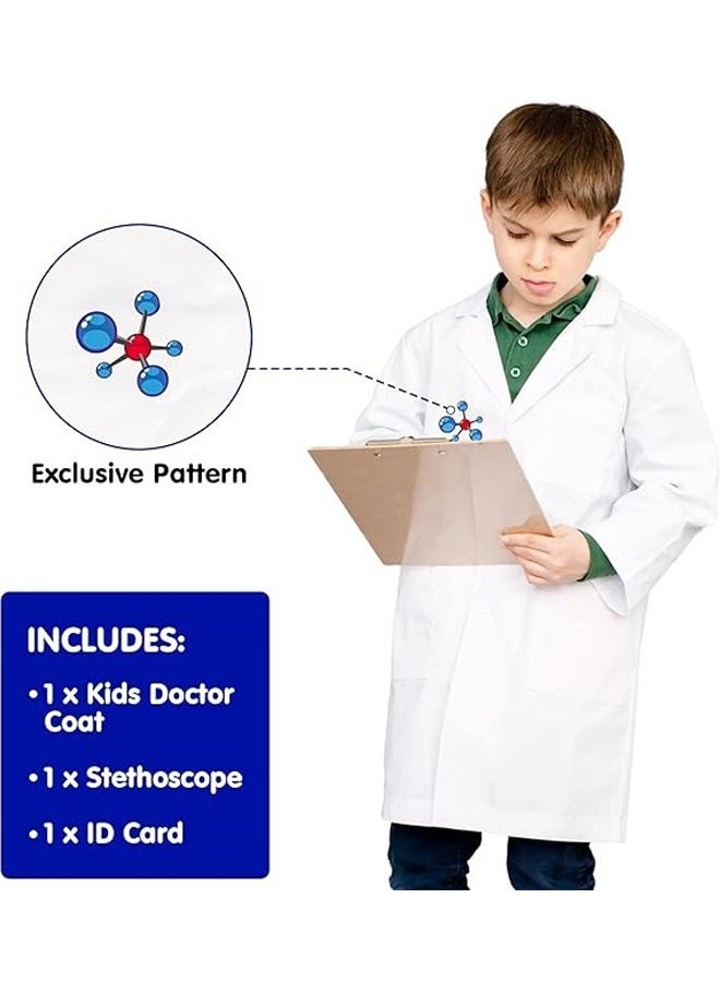 Doctor Costume Kit for Kids, White Lab Coat , Halloween Costumes for Girls & Boys with Doctor Coat, with ID card holders  & Stethoscope for Kids 110cm
