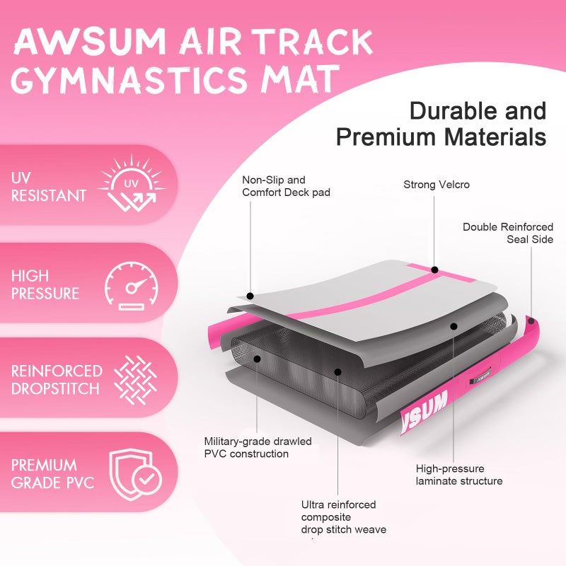 AWSUM 6.6ft Gymnastics Mat with Balance Beam, 4" Thick Inflatable Tumbling Mat Track & Foldable Anti-Slip Beam, Gym Equipment for Kids, with Electric Pump - Image 4