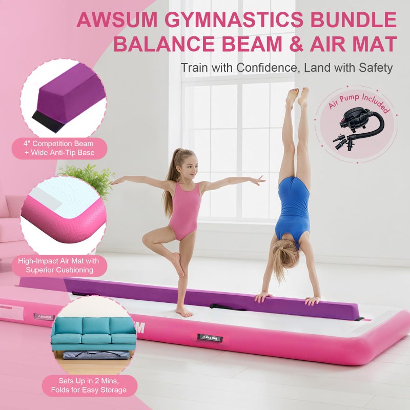 AWSUM 6.6ft Gymnastics Mat with Balance Beam, 4" Thick Inflatable Tumbling Mat Track & Foldable Anti-Slip Beam, Gym Equipment for Kids, with Electric Pump - Image 2