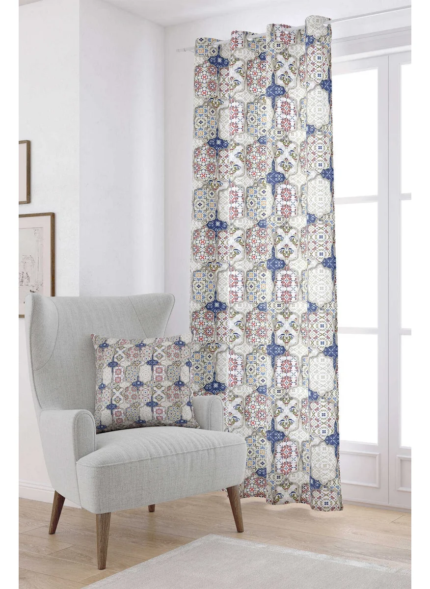 Cango Home Cream Navy Blue Vintage Retro Patterned Digital Printed Curtain CGH617-PR