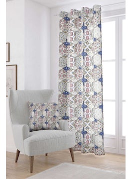 Cango Home Cream Navy Blue Vintage Retro Patterned Digital Printed Curtain CGH617-PR  - Image 1