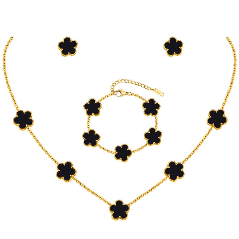 MPRAINBOW Gold Necklaces Bracelets Earring Set - 18K Gold Plated Flower Bracelet Chain,Stainless Steel Non Tarnish Floral Pendant Stud Jewelry Sets,Christmas Birthday Lucky Gift for Mom Wife Daughter Girlfriend - Image 1