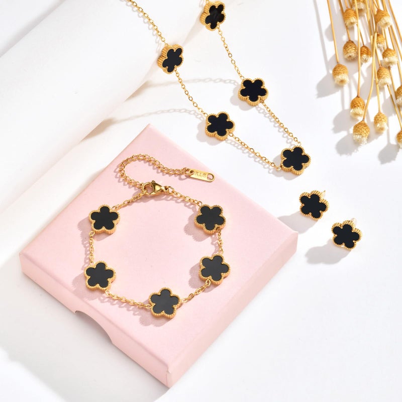 MPRAINBOW Gold Necklaces Bracelets Earring Set - 18K Gold Plated Flower Bracelet Chain,Stainless Steel Non Tarnish Floral Pendant Stud Jewelry Sets,Christmas Birthday Lucky Gift for Mom Wife Daughter Girlfriend - Image 4