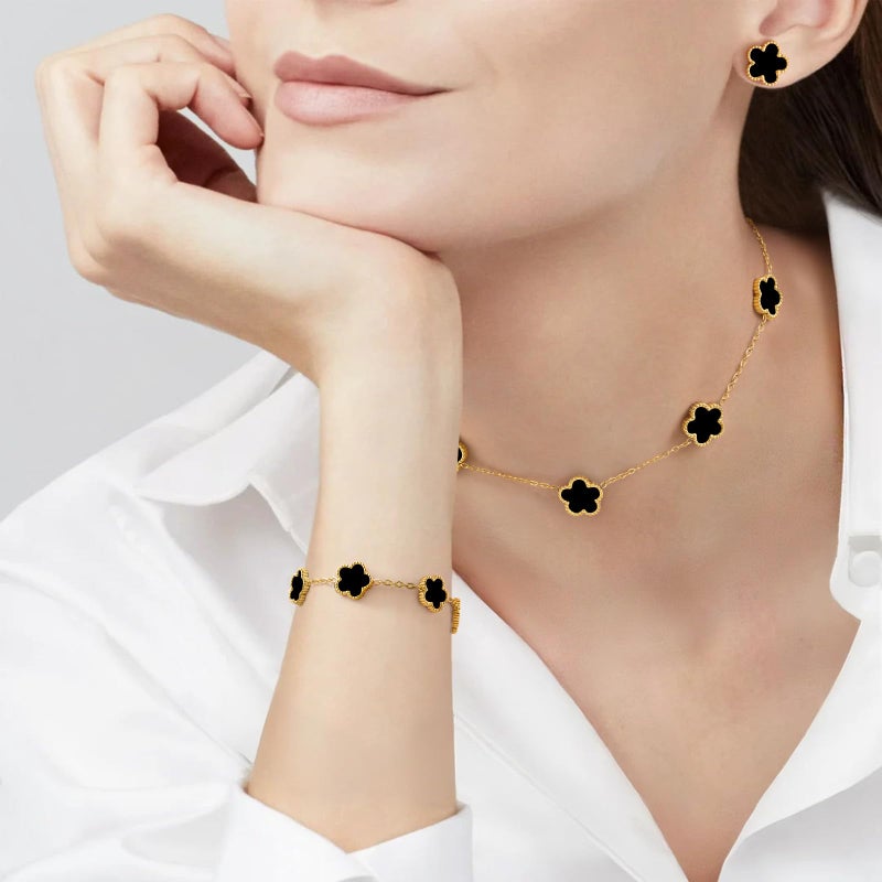 MPRAINBOW Gold Necklaces Bracelets Earring Set - 18K Gold Plated Flower Bracelet Chain,Stainless Steel Non Tarnish Floral Pendant Stud Jewelry Sets,Christmas Birthday Lucky Gift for Mom Wife Daughter Girlfriend - Image 2