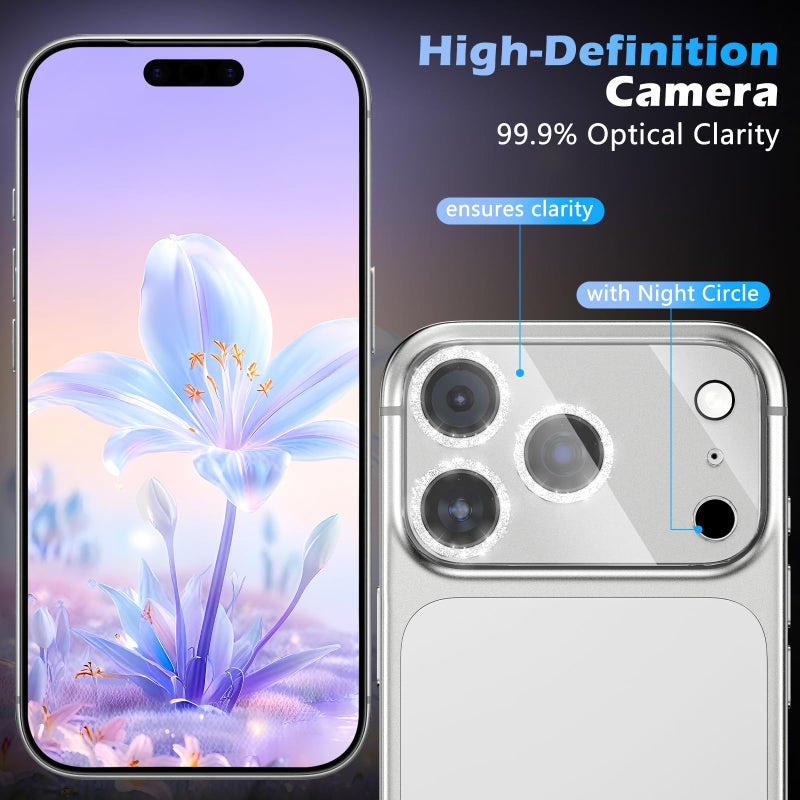 imluckies 3 Pack for iPhone 17 Pro Max 6.9" Camera Lens Protector Glitter, HD Clear Tempered Glass Camera Accessories, 9H Hardness Screen Cover, Case Friendly[Not Affect Night Shots], Sparkly Silver - Image 2