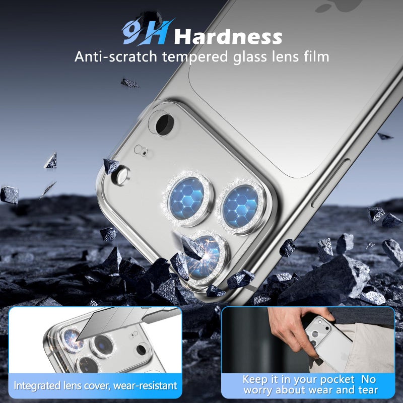 imluckies 3 Pack for iPhone 17 Pro Max 6.9" Camera Lens Protector Glitter, HD Clear Tempered Glass Camera Accessories, 9H Hardness Screen Cover, Case Friendly[Not Affect Night Shots], Sparkly Silver - Image 3
