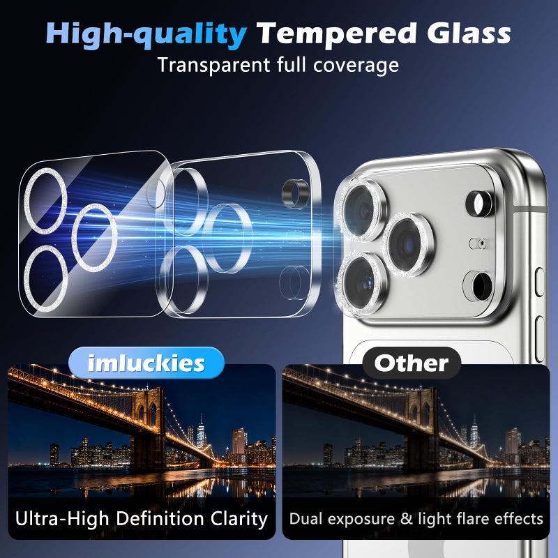 imluckies 3 Pack for iPhone 17 Pro Max 6.9" Camera Lens Protector Glitter, HD Clear Tempered Glass Camera Accessories, 9H Hardness Screen Cover, Case Friendly[Not Affect Night Shots], Sparkly Silver - Image 4