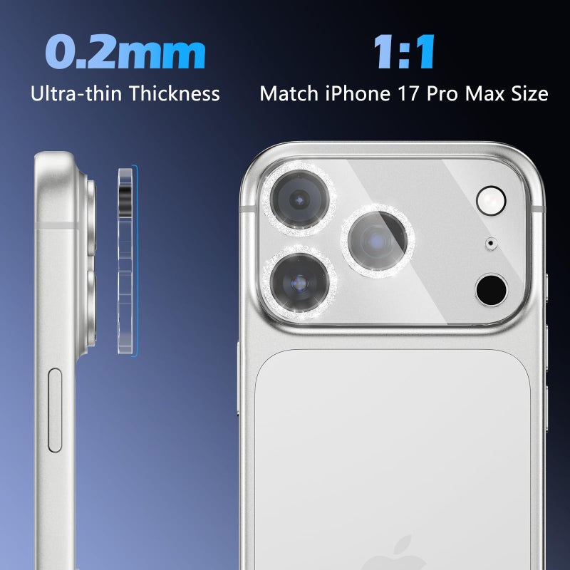 imluckies 3 Pack for iPhone 17 Pro Max 6.9" Camera Lens Protector Glitter, HD Clear Tempered Glass Camera Accessories, 9H Hardness Screen Cover, Case Friendly[Not Affect Night Shots], Sparkly Silver - Image 5