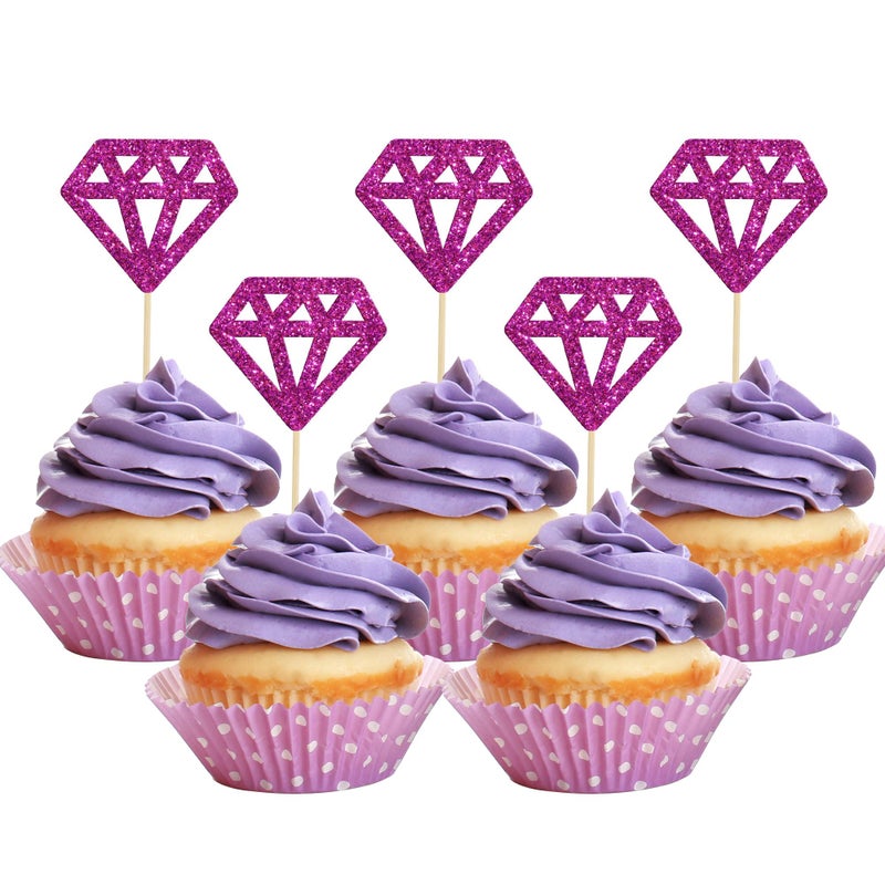 Ephlyn 24Pcs Diamond Ring Cupcake Toppers Purple Glitter Diamond Wedding Ring Cupcake Picks for Marriage Engagement Anniversary Valentines Party Cake Decorations Supplies  - Image 1