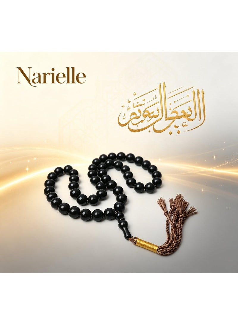 اسم المحتوى ناريلا مسبحة تسبيح مسلمة 33 كرة دائرية لامعة بلون أسود مع مقبض متكامل مطابق وشرابة سلك بني منسوج عتيق مغلف بالخيط الذهبي مسبحة لامعة لعد الذكر للصلاة في رمضان وعيد الفطر محمولة قطعة واحدة - Image 2