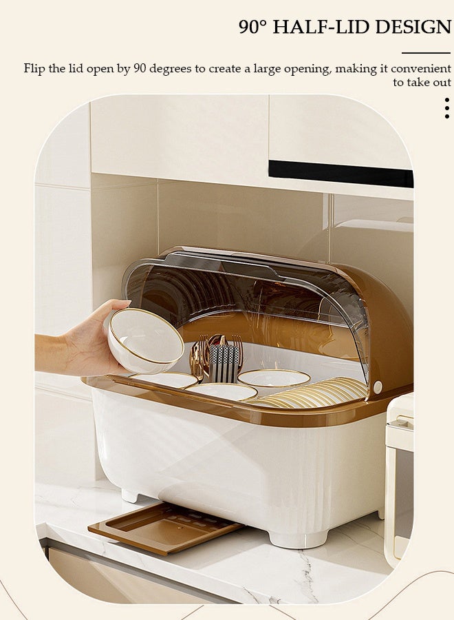 DUNISO حامل تجفيف الأطباق مع غطاء، حامل أطباق كبير لخزائن المطبخ، مصفاة أطباق بلاستيكية مع صينية تصريف، صينية أطباق وأكواب وأدوات مائدة، منظم مطبخ موفر للمساحة، حامل تجفيف زجاجات الرضاعة للأطفال مضاد للغبار، صندوق تخزين تجفيف زجاجات الرضاعة - Image 5