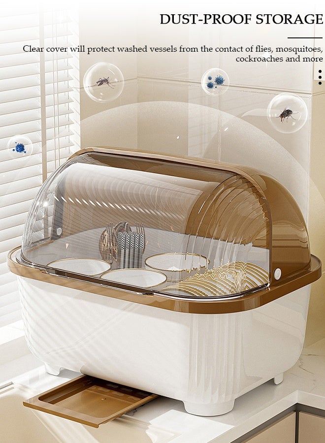 DUNISO حامل تجفيف الأطباق مع غطاء، حامل أطباق كبير لخزائن المطبخ، مصفاة أطباق بلاستيكية مع صينية تصريف، صينية أطباق وأكواب وأدوات مائدة، منظم مطبخ موفر للمساحة، حامل تجفيف زجاجات الرضاعة للأطفال مضاد للغبار، صندوق تخزين تجفيف زجاجات الرضاعة - Image 4
